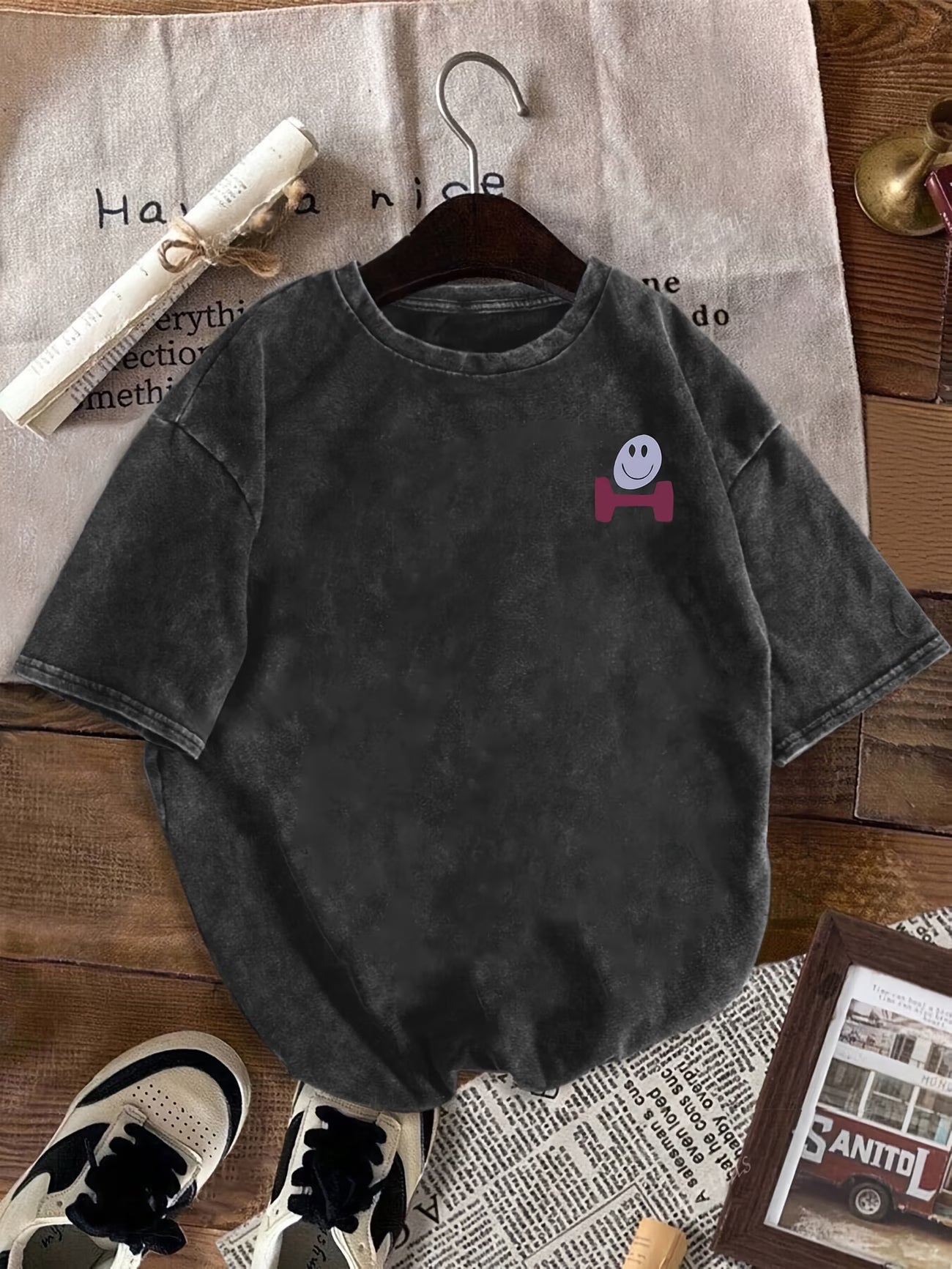 Happy Letter Print Washed T-Shirt