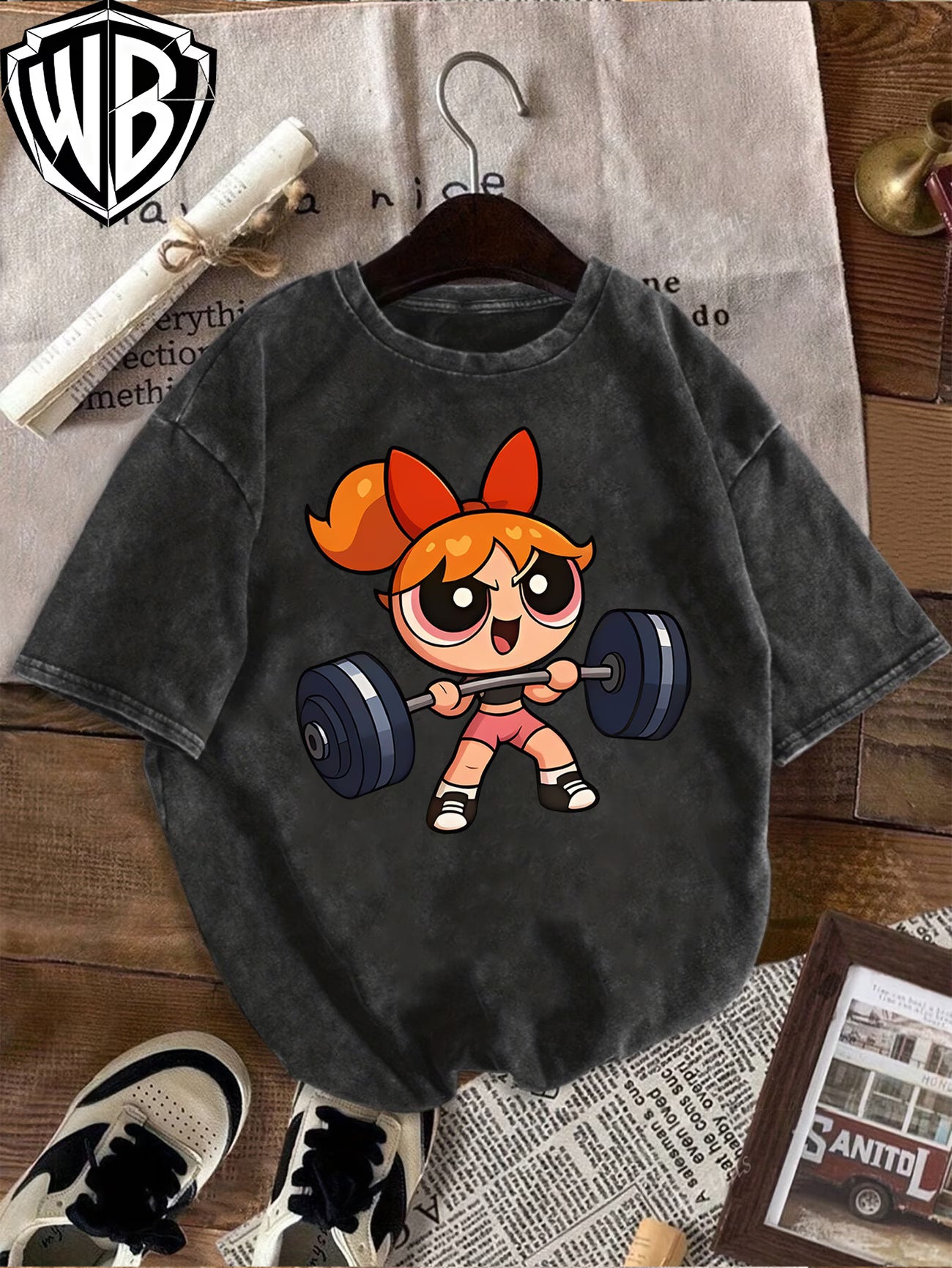 "Blossom' Powerpuff-Inspired Flower Weightlifting Oversized Graphic T-Shirt