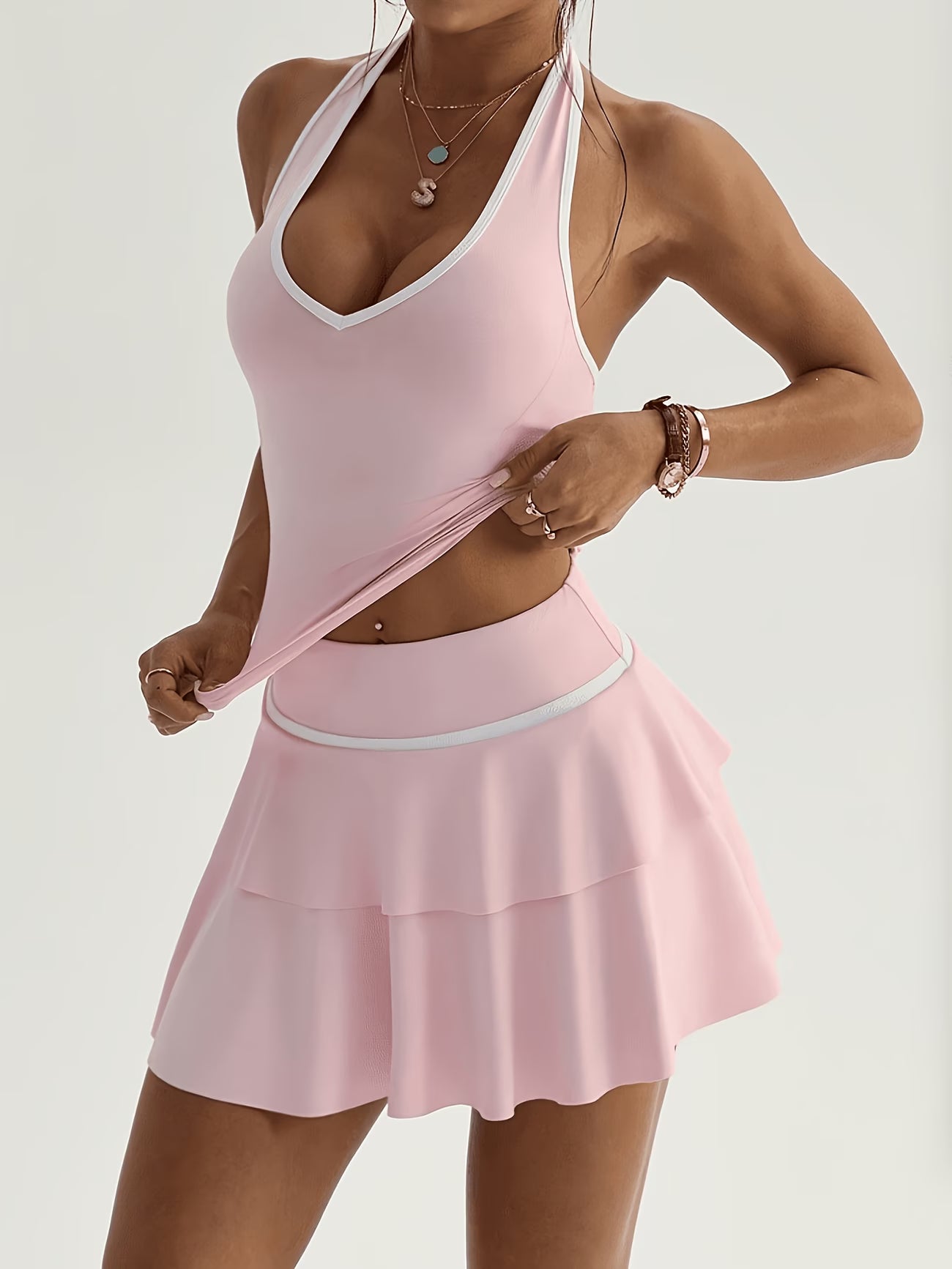 ColorBlock Tie-Neck Sport Skirt Set