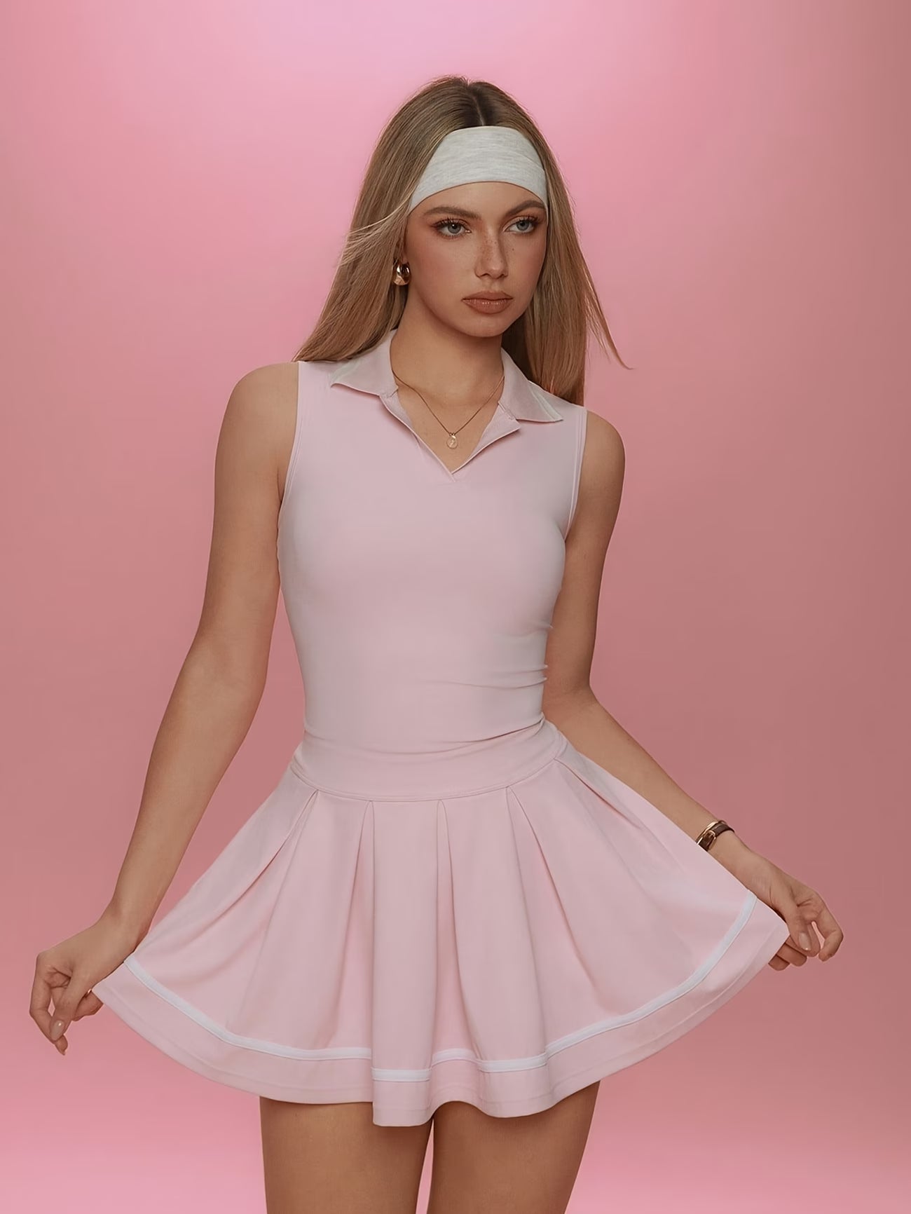 Pink Performance Polo and Pleated Skirt Set with Built-In Shorts