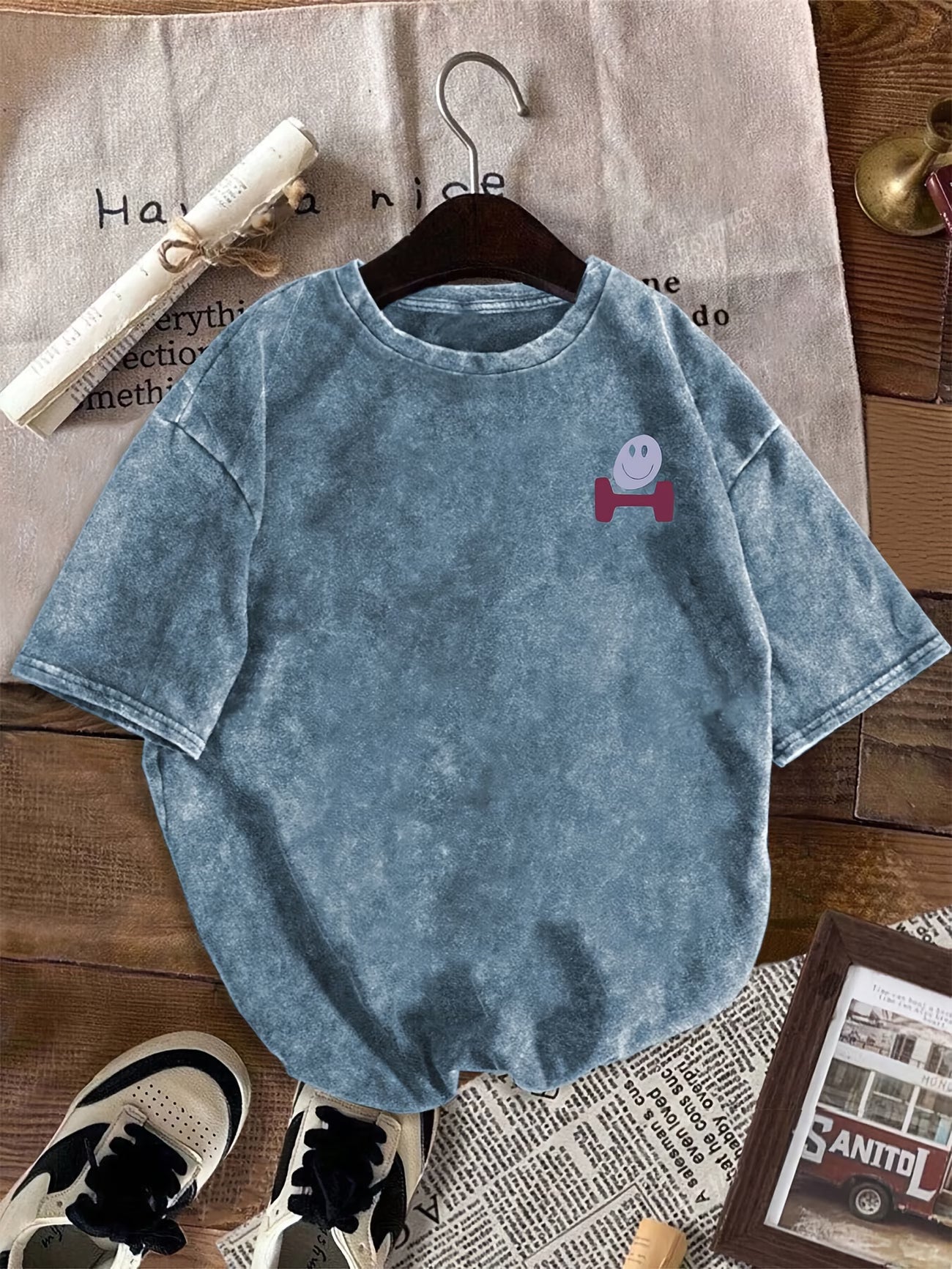 Happy Letter Print Washed T-Shirt