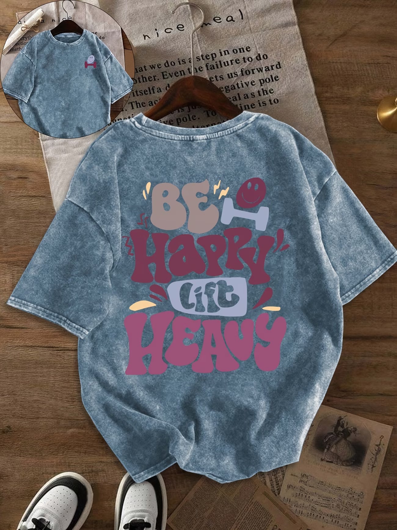 Happy Letter Print Washed T-Shirt