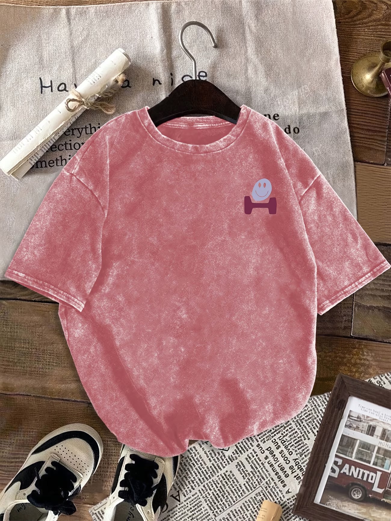 Happy Letter Print Washed T-Shirt