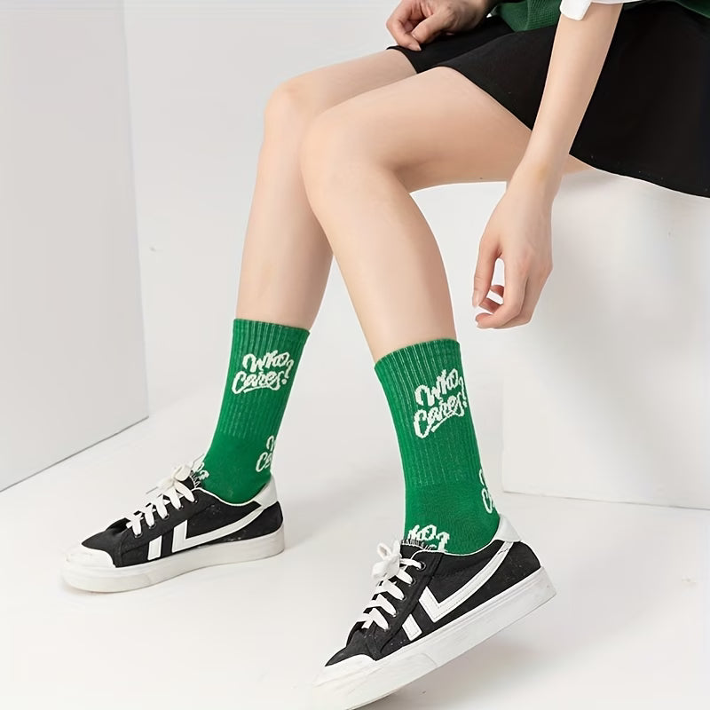Trendy Green Mid-Calf Socks – 5 Pairs