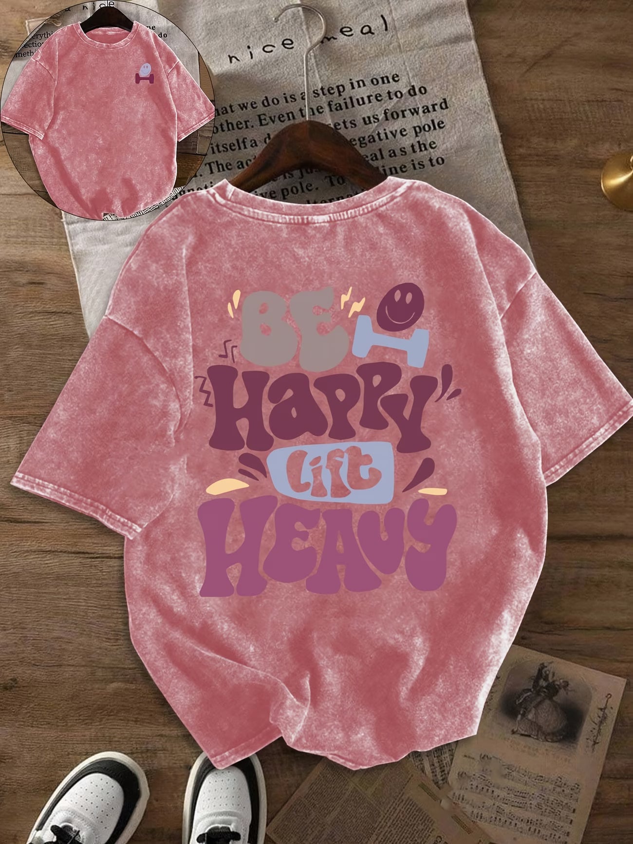 Happy Letter Print Washed T-Shirt