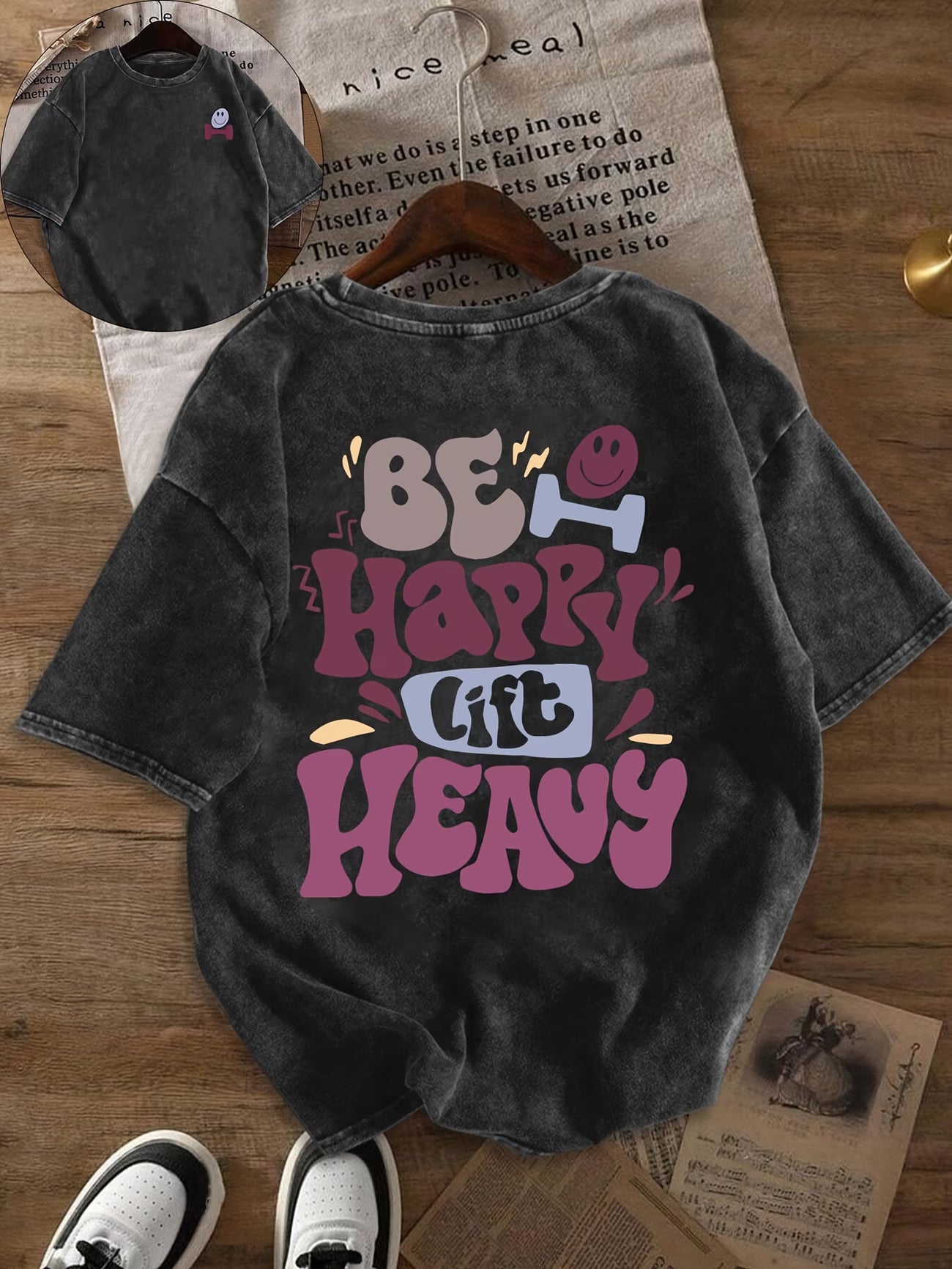 Happy Letter Print Washed T-Shirt
