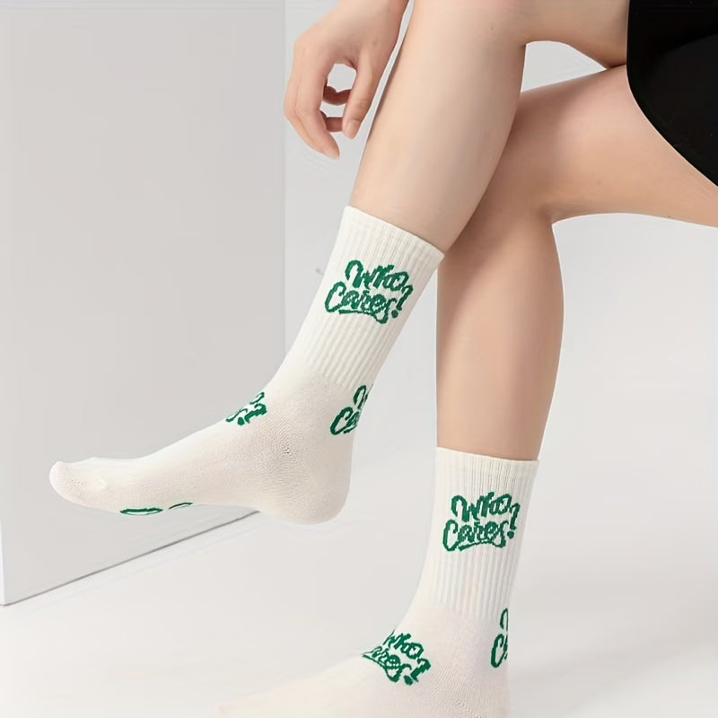 Trendy Green Mid-Calf Socks – 5 Pairs