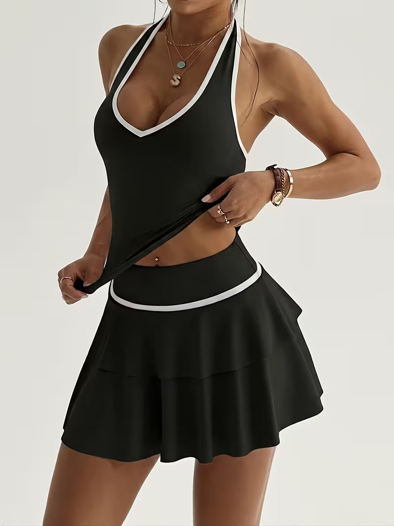 ColorBlock Tie-Neck Sport Skirt Set