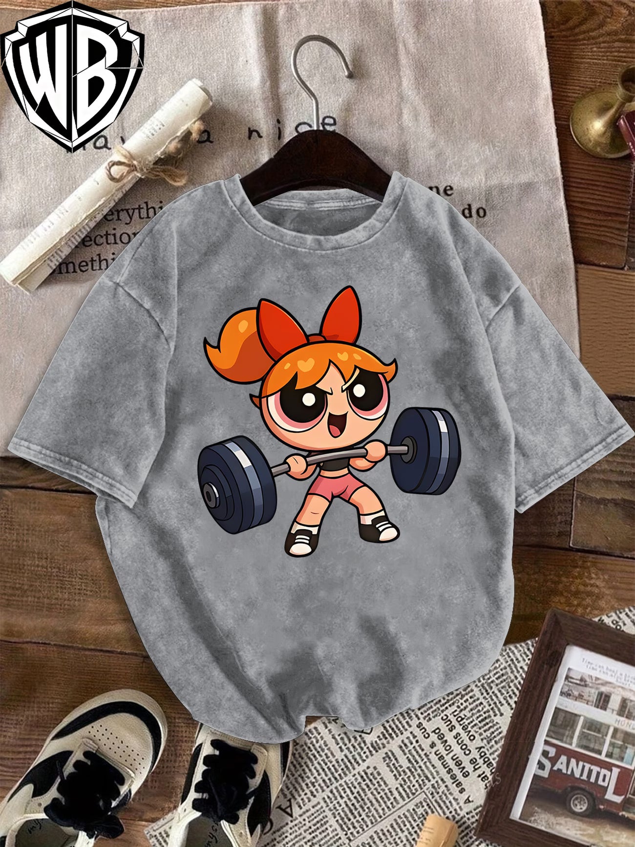 "Blossom' Powerpuff-Inspired Flower Weightlifting Oversized Graphic T-Shirt